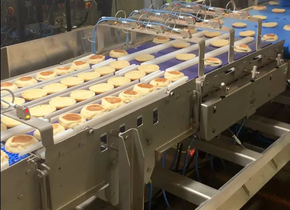 A smart feeder carrying English muffins on sixteen narrow blue belts, driven by four powered arrays