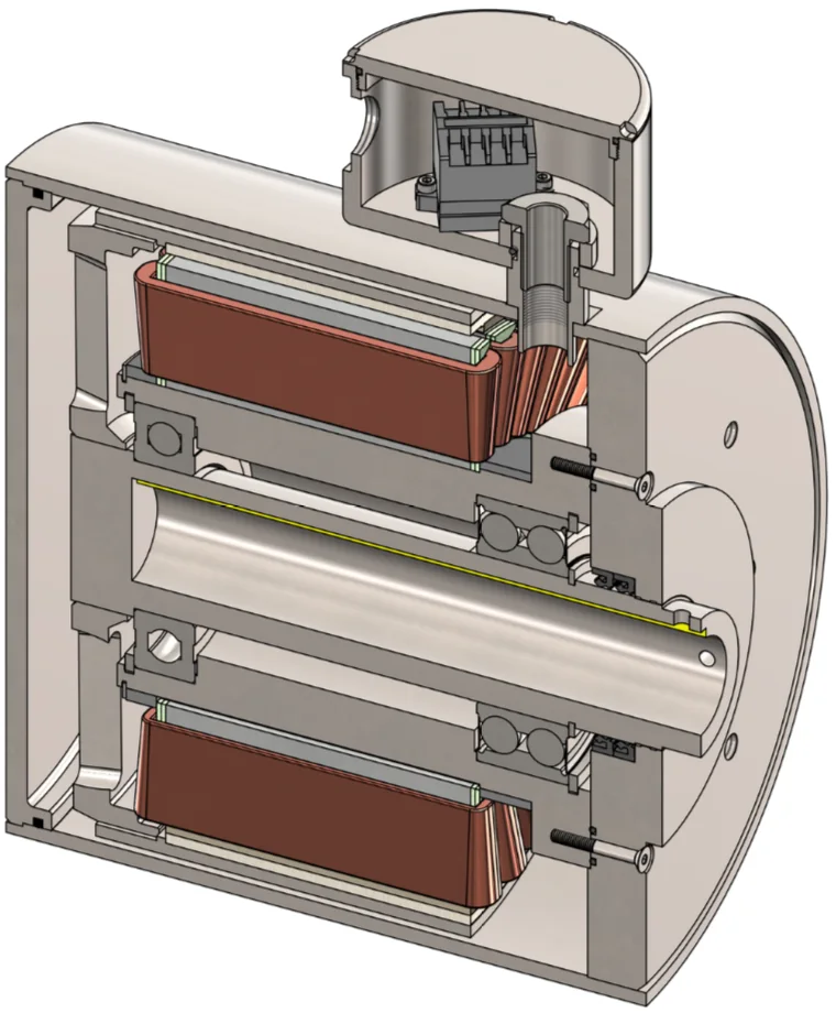 Cutaway of SideDrive: copper stator windings around the hollow shaft, sealed bearings, and the junction box on top, all inside a stainless shell