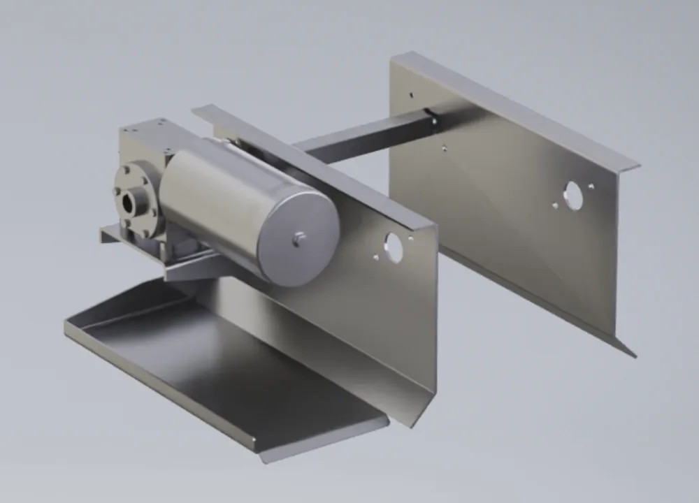 Conveyor side frame with a 1 HP AC motor and gearbox bolted on, and a stainless drip tray under it to catch gearbox oil