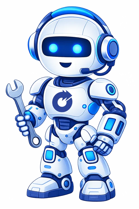 GUS, One Motion's Guided User Support robot, wearing a headset and holding a wrench