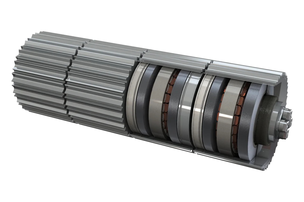 Cutaway render of a MagDrive Multi-Drive: ribbed stainless shells on one shaft, opened up to show the stators and bearings inside