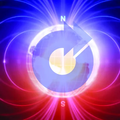One Motion logo inside a glowing magnetic ring with north and south poles