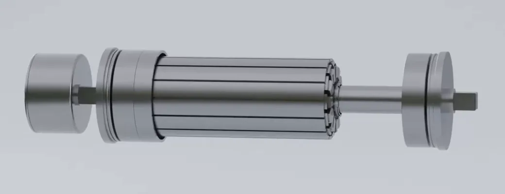 The same powered pulley opened up: the stator sits on the fixed shaft inside the turning shell, with no gearbox