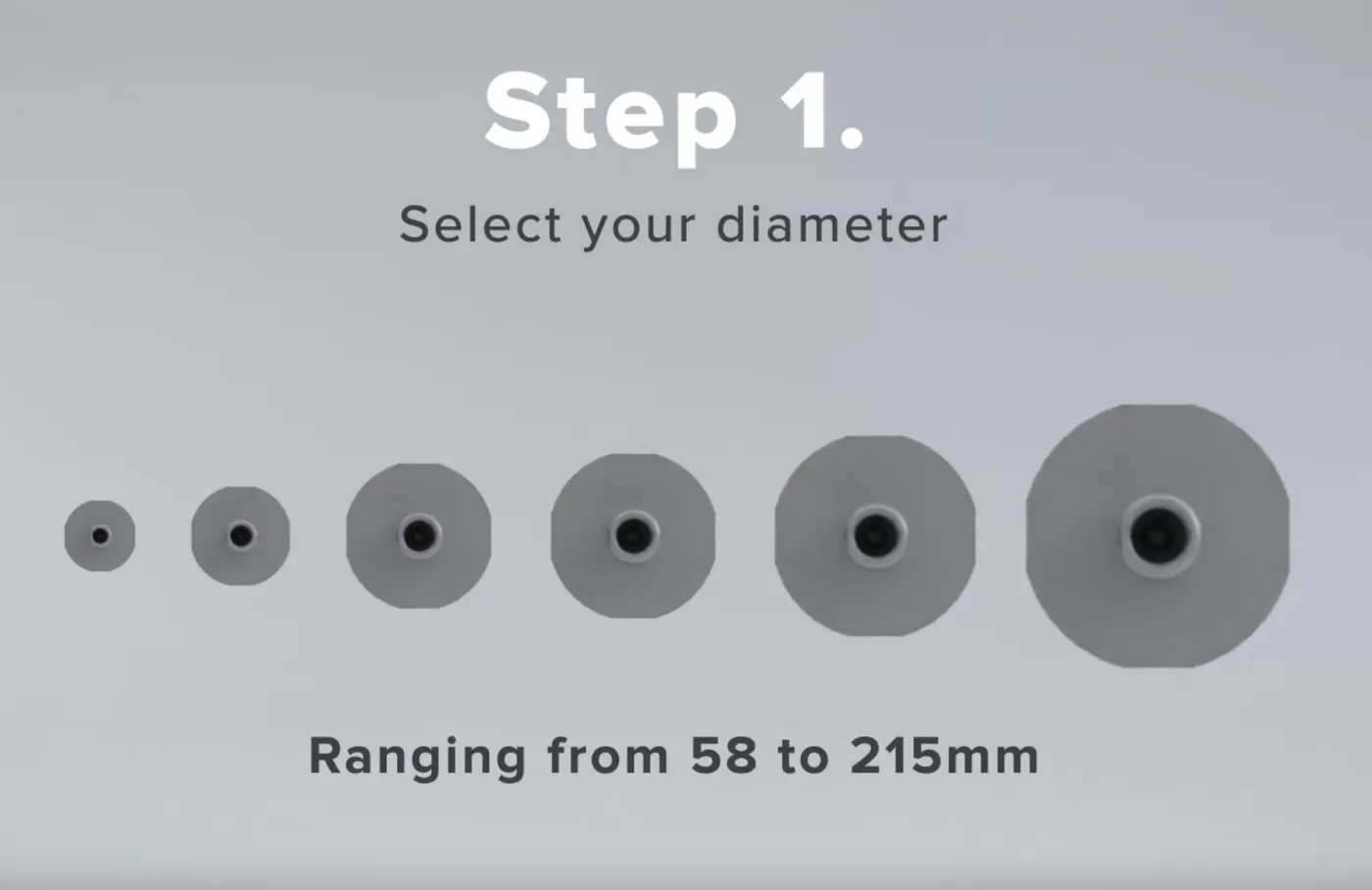 PulleyDrive build step 1: select your diameter, with six pulley sizes from 58 to 215 mm