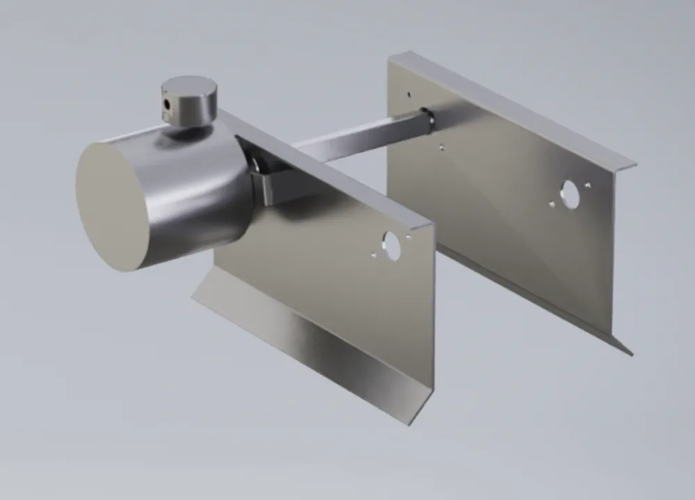 The same conveyor side frame with a SideDrive bolted on in place of the motor and gearbox, and no drip tray