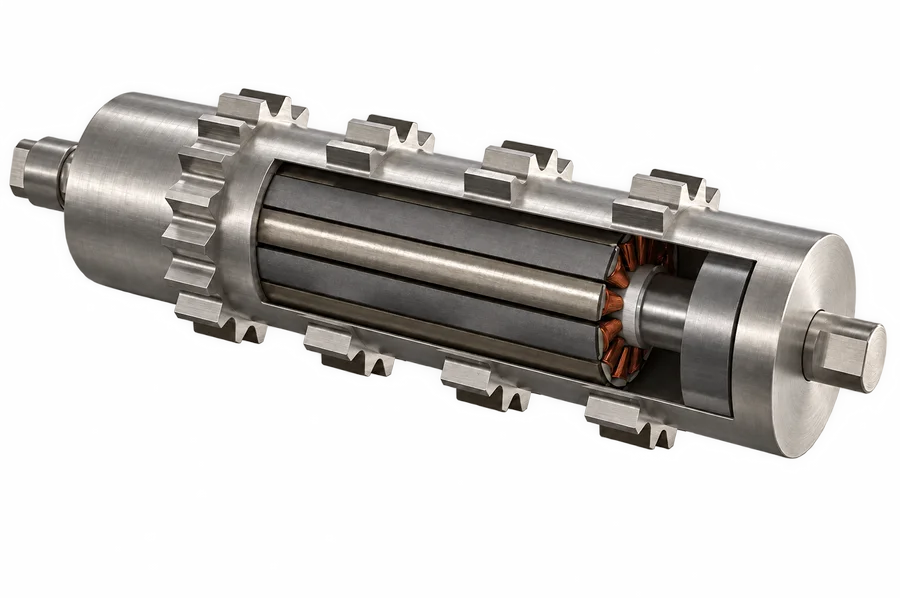 Cutaway of a MagDrive powered pulley in satin 316 stainless, showing the magnets and copper-wound stator inside